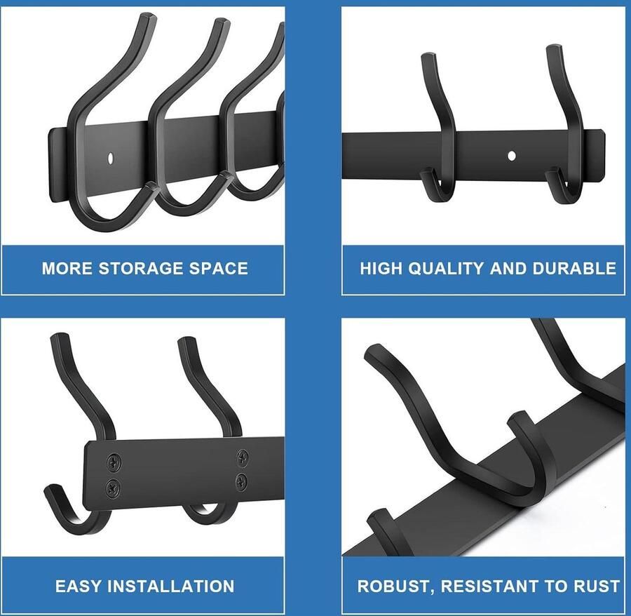 Kapstok met 8 haken garderobehaken roestvrij staal wandgarderobe voor slaapkamer-badkamer-keuken-zwart kapstok