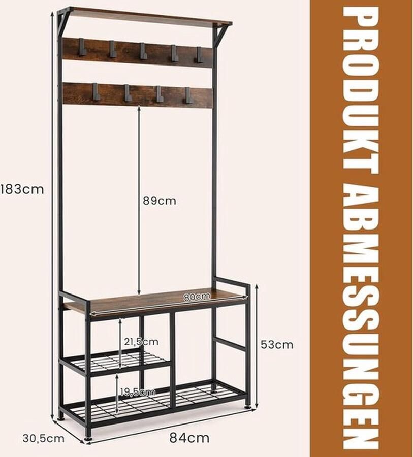 Kapstok met 9 haken en schoenenrek 3 niveaus garderobe industrieel design kledingstandaard metalen frame voor hal en slaapkamer
