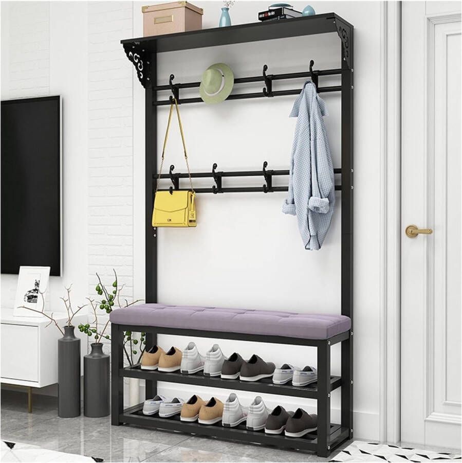 Kapstok met bank 100 x 30 x 172 cm vrijstaande kapstok met 8 haken en schoenenrek multifunctionele kledingstandaard voor hal entree zwart