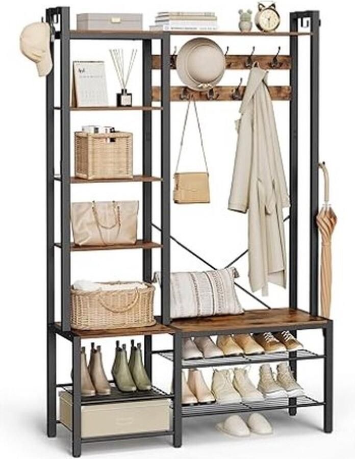 ZAZA Home Kapstok met Bank en Schoenenopslag Gang Kapstok met Schoenenbank en 5 Opbergplanken 9 Jas Haken en 6 Zijhaken 140 x 120 x 190 cm Vintage Bruin en Zwart