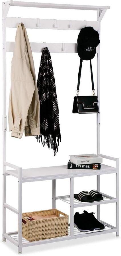 Kapstok met bank metalen kasten rustiek design kledingrek 182 x 30 x 84 cm (H x D x B) wit