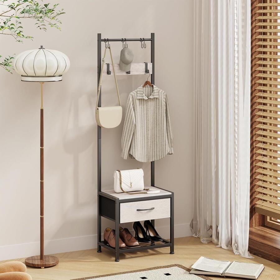 Kapstok met bank ruimtebesparend design metalen garderobe kledingrek met plank 154 x 30 x 45 cm zwart lichtgrijze houtnerf