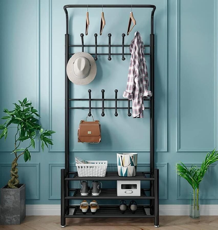 Top Coat Rack with Shoe Cabinet Clothes Rail Hooks Shelves Metal Stand for Entrance halmeubel met kapstok - Foto 2