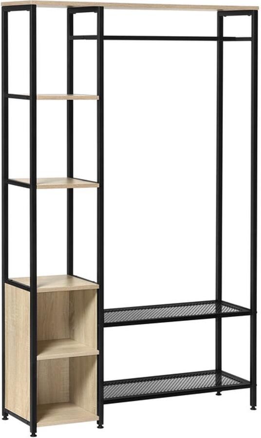Kapstok met Kledingrail – 3 Planken – 2 Schoenenrekken – 2 Compartimenten – Stevige Jasstandaard – Opslag voor Hal & Garderobe – 100x165x30 cm – Zwart & Lichte Eiken