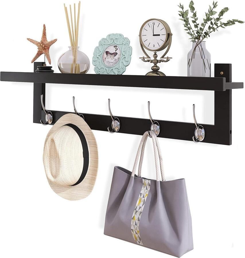 Kapstok met Plank en Haken Wandmontage 74 cm Bamboe Zwart 5 Haken