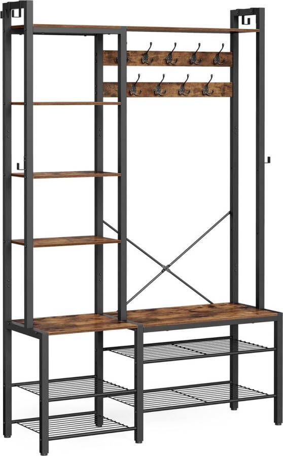 Kapstok met schoenenbank garderobe 5 legplanken van spaanplaat 9 drievoudige haken 6 zijdelingse haken 40 x 120 x 190 cm vintage bruin-inktzwart