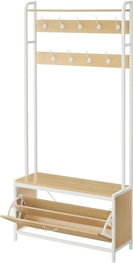 Kapstok met schoenenkast bank kledingrek en schoenenrek 9 haken Bovenste plank voor gang of slaapkamer Modern design Eikenwit HSR405W09