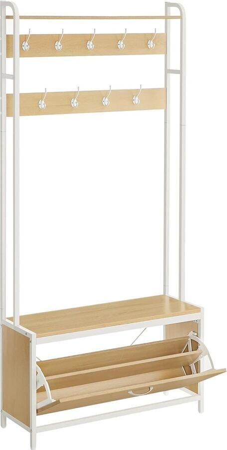 Merkloos Hoppa! Songmics kapstok met schoenenkast kapstok met bank kledingrek schoenenrek 9 haken bovenste plank voor gang slaapkamer modern design eikenwit