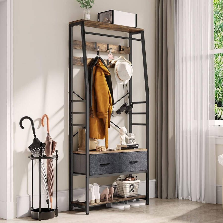 Kapstok met schoenenkast vrijstaande gangboom met bank en 2 inklapbare lades industriële kapstok met 8 haken voor hal woonkamer slaapkamer metalen frame rustiek bruin