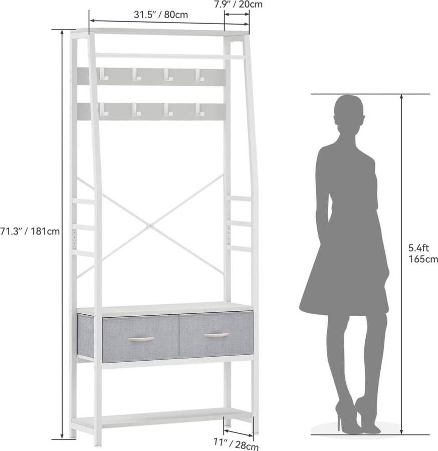Kapstok met schoenenkast vrijstaande gangboom met bank en 2 opklapbare lades industriële kapstok met 8 haken voor hal woonkamer slaapkamer metalen frame wit