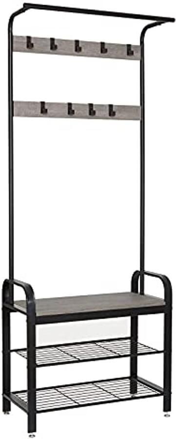 Kapstok met schoenenopbergbank en 9 afneembare haken industrieel design voor hal 72 x 34 x 183 cm grijs