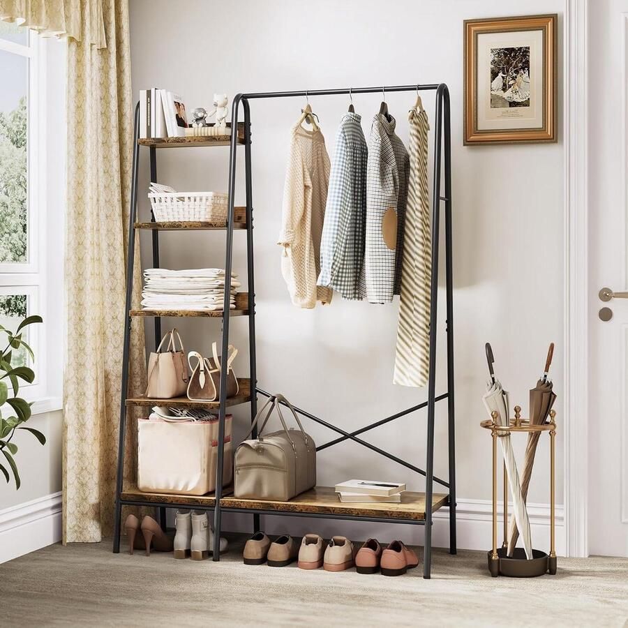 Industriële kapstok standaard met schoenenopslag en 5 planken Vrijstaand kledingrek voor slaapkamer en hal kledingkasten slaapkamer - Foto 2