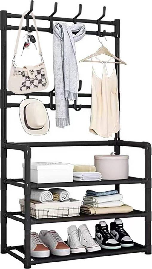 Kapstok met schoenenopslag kledingrek met 3 niveaus en schoenenrek met hanger schoenenrekorganisator met 8 haken voor de hal entreegebied 140 x 60 x 28 cm