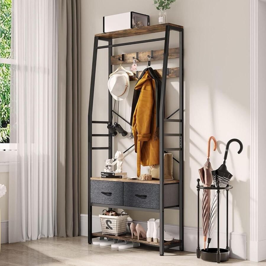 Kapstok met schoenenopslag Vrijstaande hal boom Opvouwbare laden Industriële kapstok 8 haken Hal woonkamer slaapkamer Metalen frame rustiek bruin kapstok