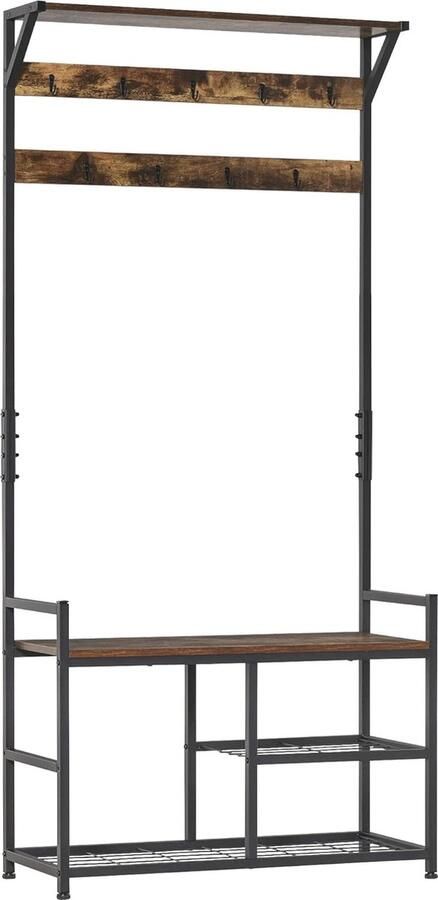 Kapstok met Schoenenrek en Bank 3-in-1 Industriële Garderobe voor Entree Bruin en Zwart