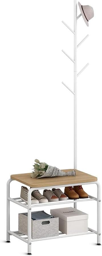 Kapstok kledingkast met schoenenbank entreemeubel kledingstandaard met schoenenrek 3 planken 177 cm wit