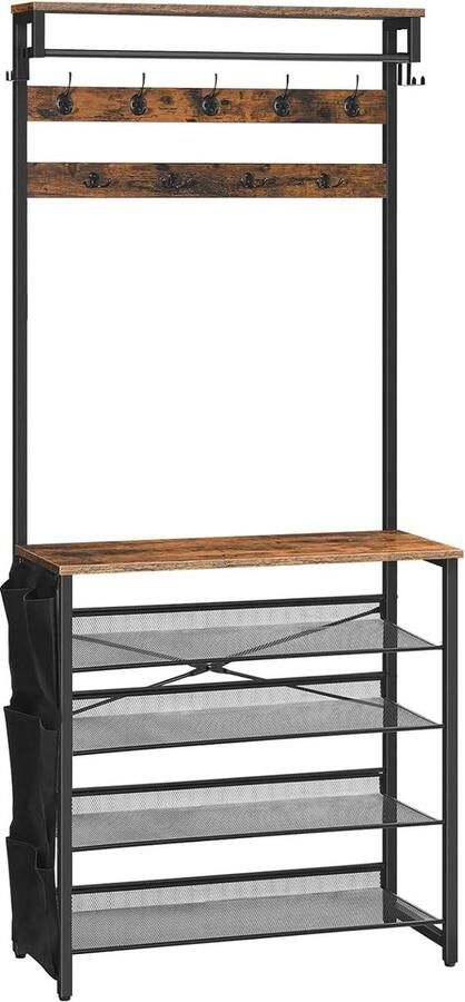Kapstok kledingrek met schoenenrek 5 niveaus afneembare stoffen zijzak verstelbare metalen gaasplank gang donkerbruin zwart Kapstok