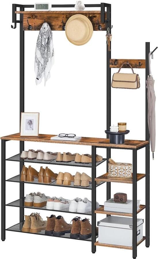 Kapstok met schoenenrek met kapstok kledingrek met 5 niveaus schoenenrek kapstok met 4-laags zijplank voor foyer hal vintage bruin en zwart