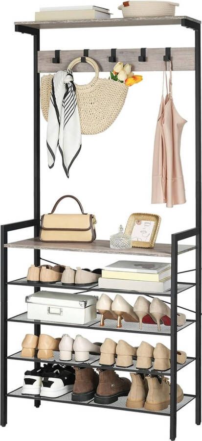 Kapstok met schoenopslag industriële hal boom grote hal standaard 5 verwijderbare haken houten accent bovenste plank ingang opbergplank metalen frame greige-zwar