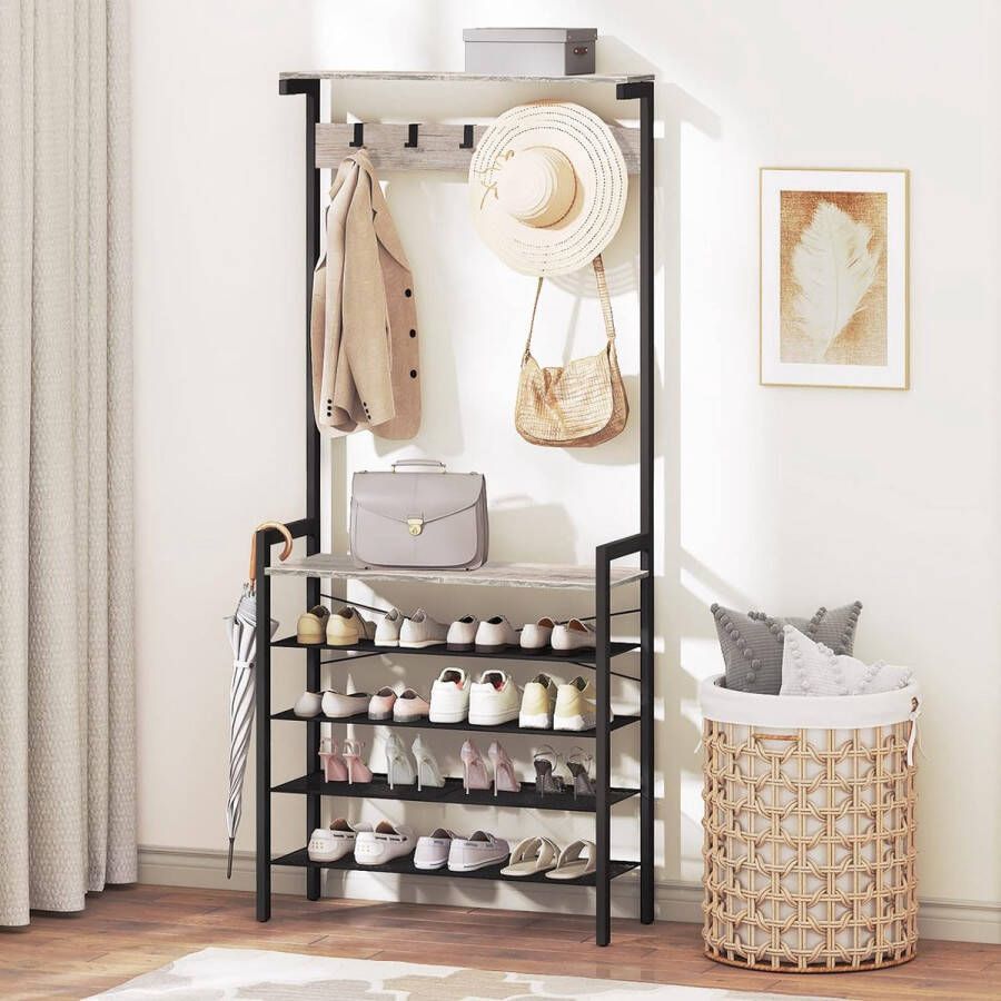 Kapstok met schoenopslag industriële hal boom grote hal standaard 5 verwijderbare haken houten accent bovenste plank ingang opbergplank metalen frame greige-zwar EBG74MT01