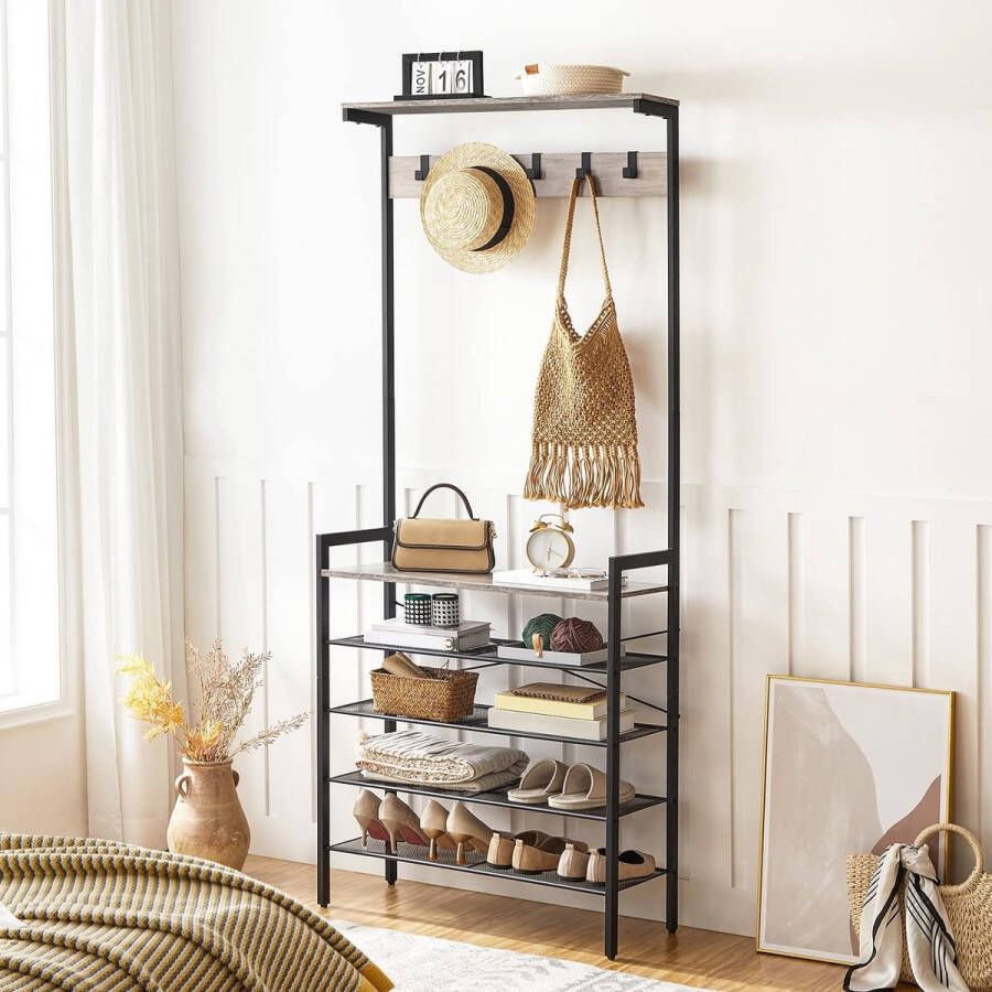 Kapstok met schoenopslag industriële hal boom grote hal standaard 5 verwijderbare haken houten accent bovenste plank ingang opbergplank metalen frame greige-zwar EBG74MT01