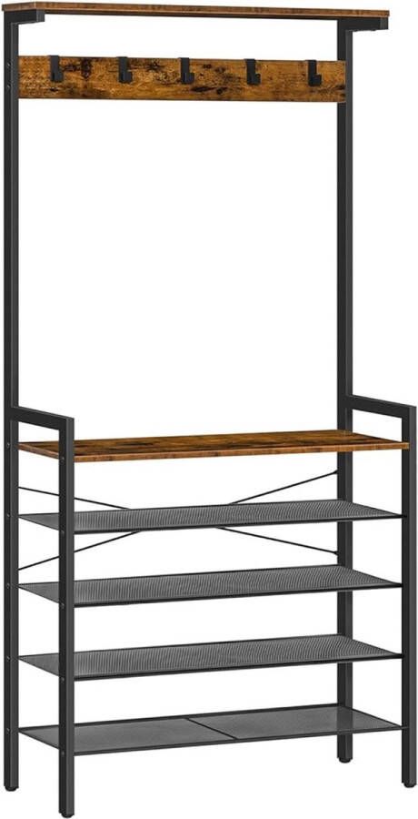 Kapstok met schoenopslag industriële hal boom grote hal standaard 5 verwijderbare haken houten accent bovenste plank ingang opbergplank metalen frame donkerbruin-zwart EBF74MT01
