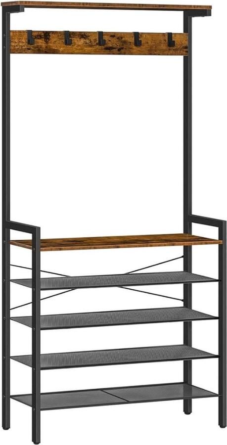 Kapstok met schoenopslag industriële hal boom grote hal standaard 5 verwijderbare haken houten accent bovenste plank ingang opbergplank metalen frame donkerbruin-zwart