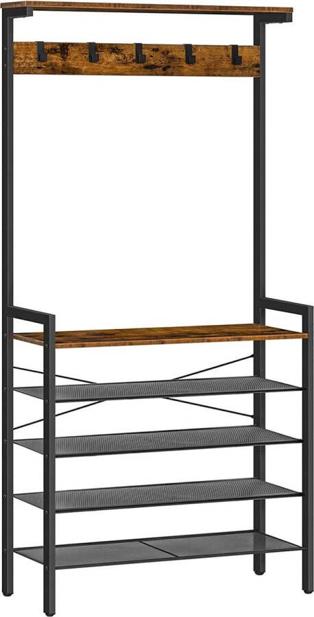 Kapstok met schoenopslag industriële hal boom grote hal standaard 5 verwijderbare haken houten accent bovenste plank ingang opbergplank metalen frame rustieke bruin E
