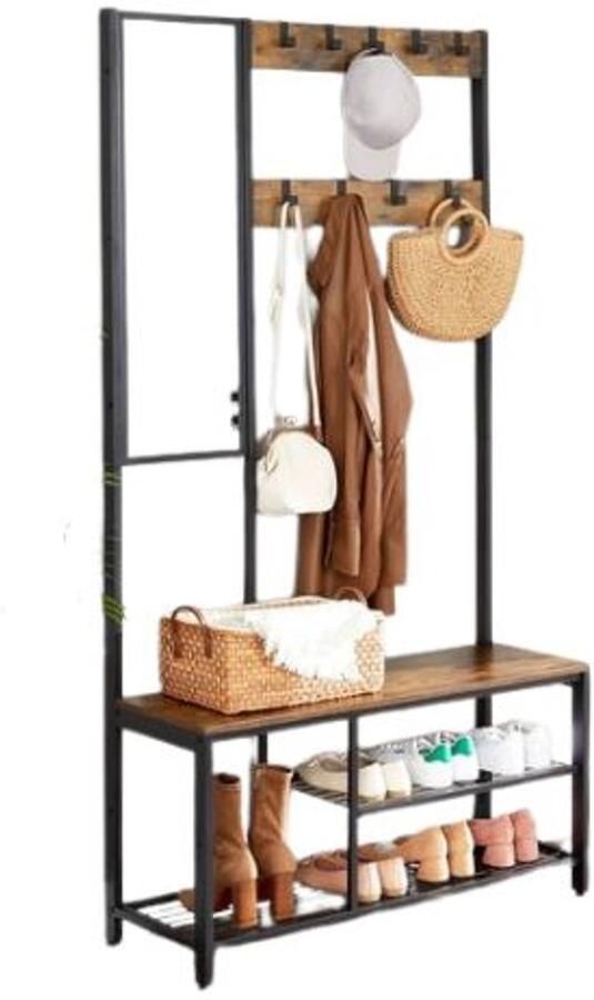 Kapstok met Spiegel Schoenenrek & Zitbank – Halmeubel 36x98x185 cm – Vintage Bruin Zwart