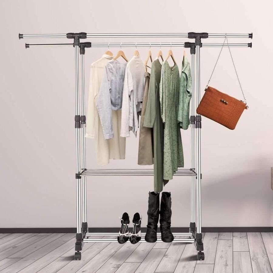 JGS Premium Kledingrek met Schoenenrek op Wielen Uittrekbaar en Verstelbaar Garderobewagen met 2 Stangen Wasrek Roestvrijstalen Buizen Zilverkleurig Ruimtebesparend