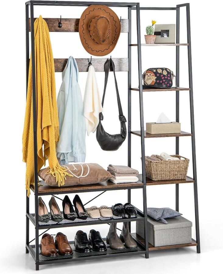 Kapstok met Zitbank – 5-in-1 Garderoberek met 9 Haken 5 Planken en Schoenenrek Halmeubel voor Entree of Slaapkamer (118 x 40 x 180 cm)