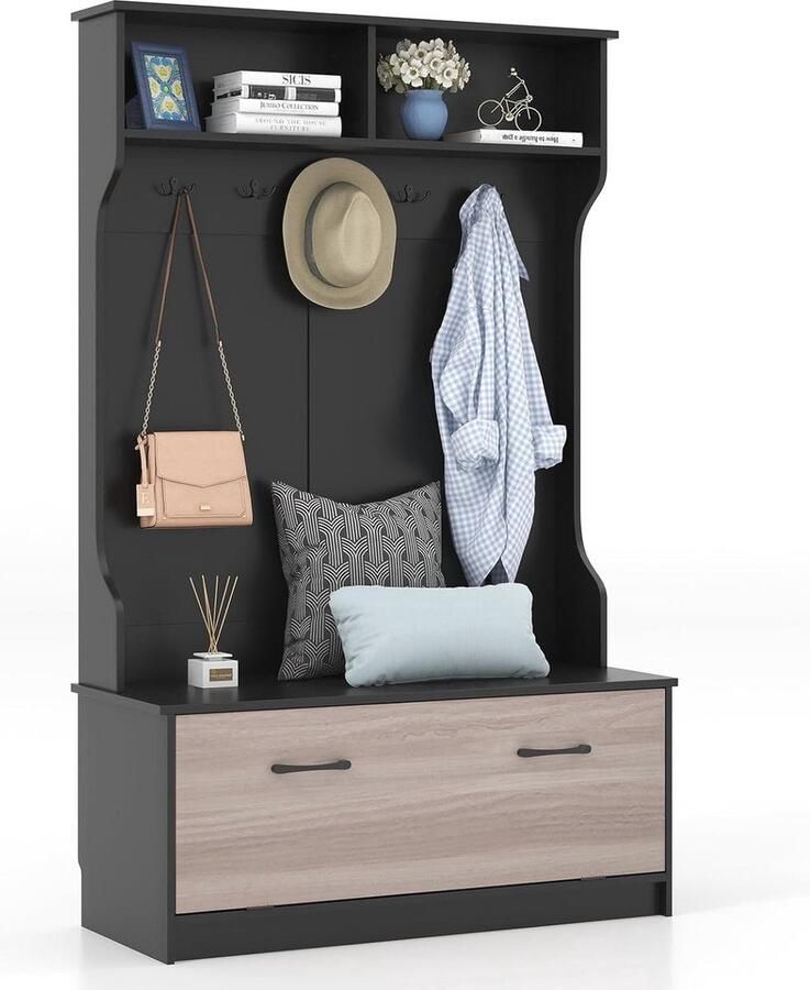Kapstok met zitbank en 5 haken Ruimtebesparende Garderobe met Opbergruimte voor Entree en Slaapkamer