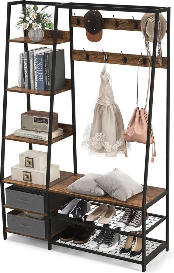 Kapstok met zitbank en opbergruimte Industriële garderobe met 6 niveaus 9 haken en laden voor entree en slaapkamer