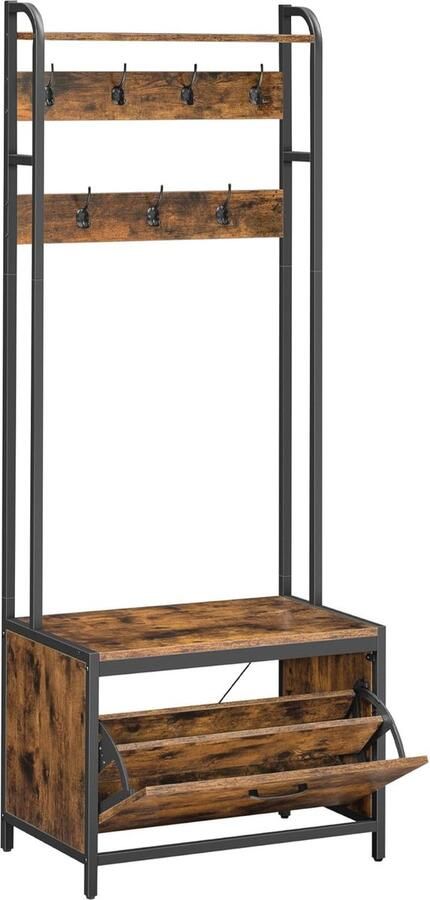 Kapstok met Zitbank en Schoenenkast Multifunctionele Kledingstandaard met 7 Haken en Bovenplank Industrieel Vintage Design Bruin-Zwart