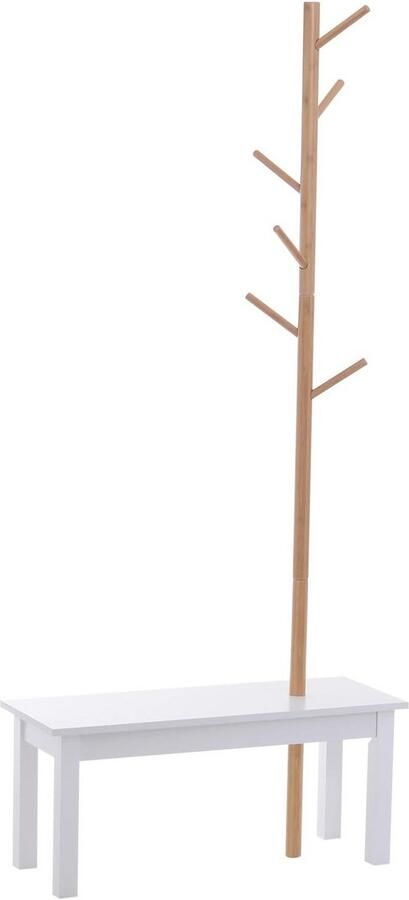 Kapstok met Zitbank en Takdesign voor de Entree – Flexibele Garderobestandaard met 6 Haken in Wit en Natuur