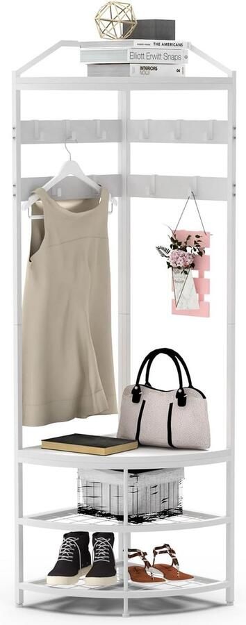 Goodivery Multifunctionele Hoek Kapstok Met Schoenrek En 12 Verstelbare Haken Voor Hal Slaapkamer En Woonkamer