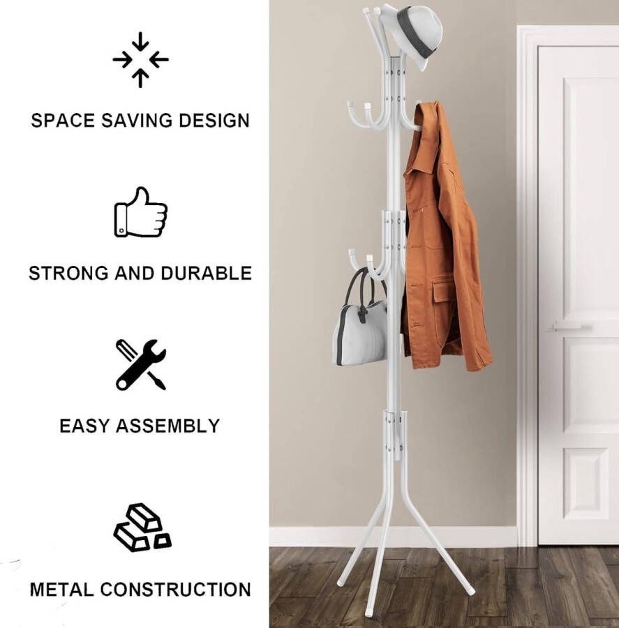 Kapstok metalen kapstok met 3 hoogtes 12 haken stabiele vrijstaande kapstok voor kleding tassen hoeden kapstok voor thuis ingang kantoor hal (wit)