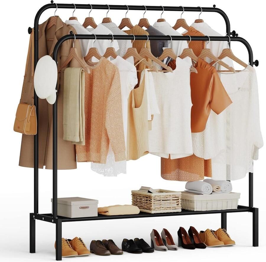 Kapstok Metalen Kledingrek Dubbele Stang 111x141.5cm Grote Vrijstaand Bodemplanken 4 Haken Multifunctioneel Clothes Rack Slaapkamer Woonkamer Zwart