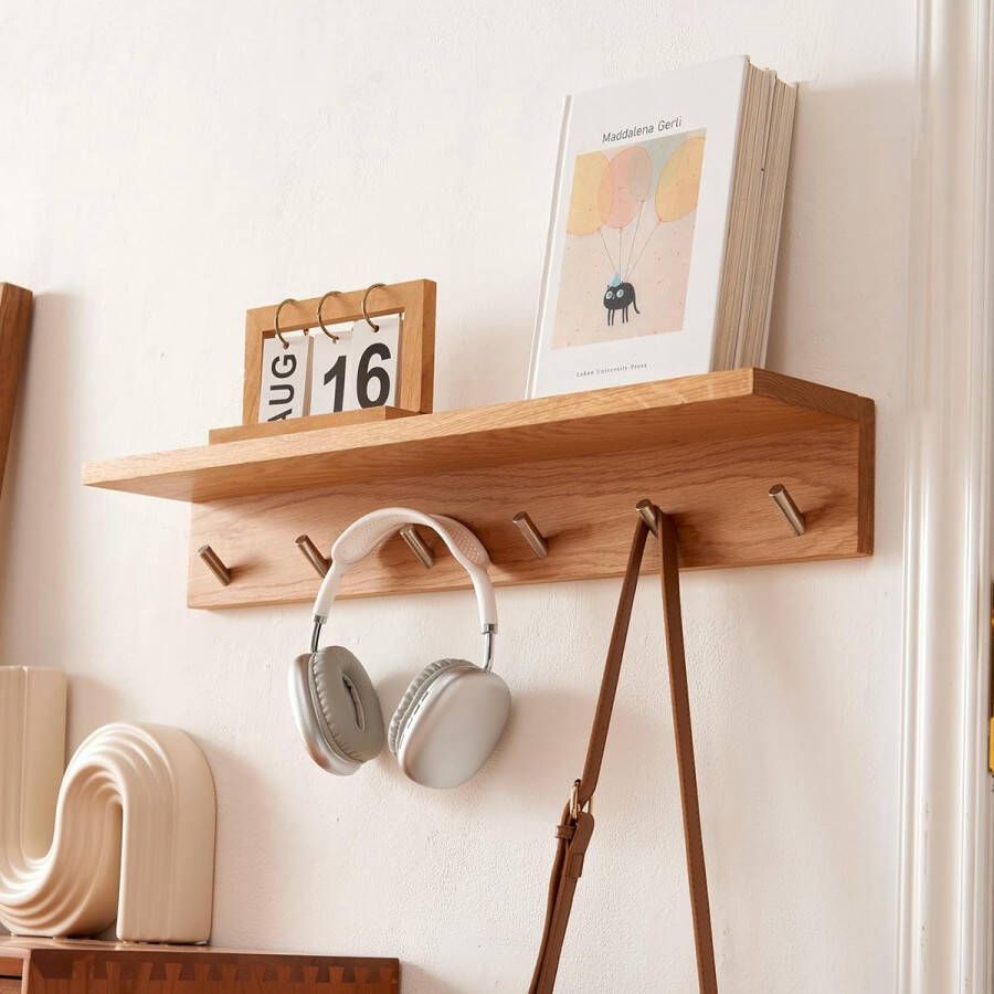 Wandkapstok met Plank 50 cm Halkapstok Kapstok met 5 Haken Houten Wandplank Zwevende Plank Massief Eiken Voor Slaapkamers Woonkamers Keukens Jassen Tassen Gangen kapstok hangend met plank