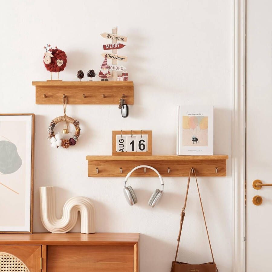 Coat Rack 70 cm Coat Hook with 6 Hooks Wall Coat Rack with Shelf Wall Shelf Solid Oak Floating Shelf Wooden Wall for Bedroom Living Room Kitchen Coats - Foto 2