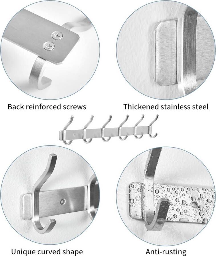 Kledinghaken haaklijst garderobehaken roestvrij staal met 6 haken wandhaken garderobelijst voor slaapkamer badkamer (zilver 6 haken 2 stuks) - Foto 2
