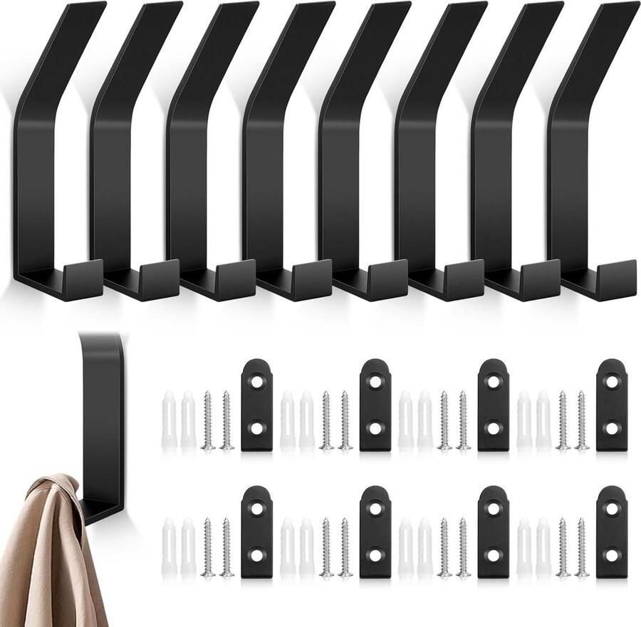Kapstok Moderne Wandhaken Dubbele Garderobehaken voor Thuis Zwart 8 Stuks Jashaken Schroef Onzichtbare kledinghaken Handdoekhaken Keuken Badkamer Kantoor Tassen Jassen Mantels