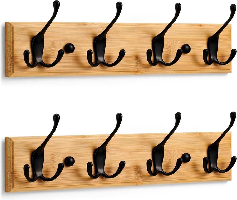 Kapstok Muur (2 st.) Wandkapstok Hout met 4 Zwarte Haken 42 cm