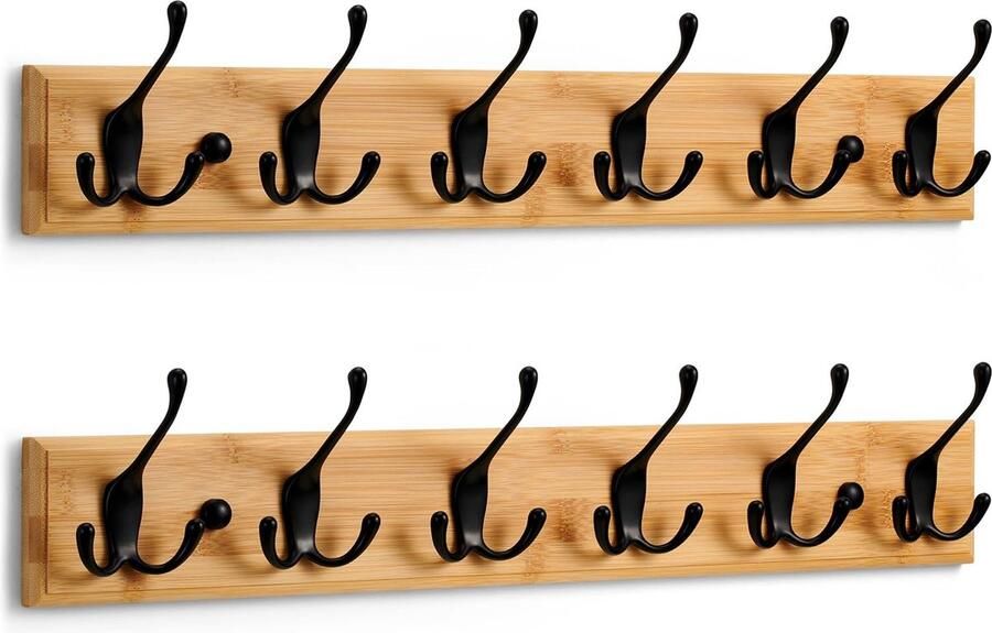 Kapstok Muur (2 st.) Wandkapstok Hout met 6 Zwarte Haken 59 cm