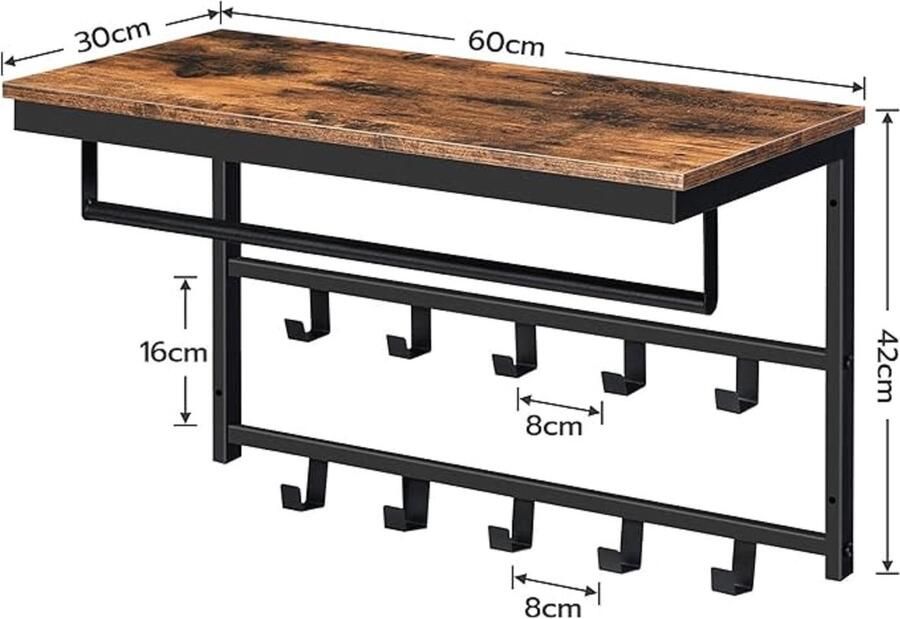 Wandgarderobe EBF60YM01 – Hoedenplank met legbord 10 haken en kledingstang – Industrieel – 60×30×42 cm – Vintage bruin zwart - Foto 2