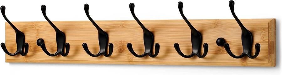 Kapstok Muur Houten Wandkapstok met 6 Zwarte Haken 59 cm
