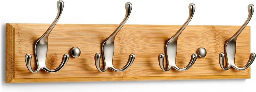 Kapstok Muur Wandkapstok Hout met 4 Mat-Nikkel Haken 42 cm