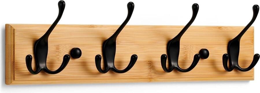 Kapstok Muur Wandkapstok Hout met 4 Zwarte Haken 42 cm