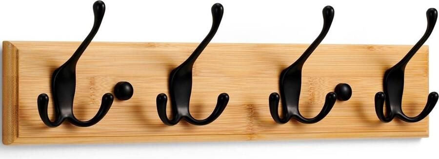 Kapstok Muur Wandkapstok Hout met 4 Zwarte Haken 42 cm
