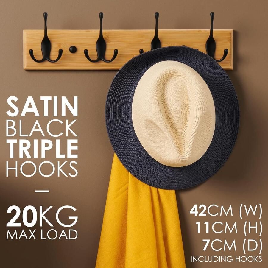 Kapstok Muur Wandkapstok Hout met 4 Zwarte Haken 42 cm - Foto 2